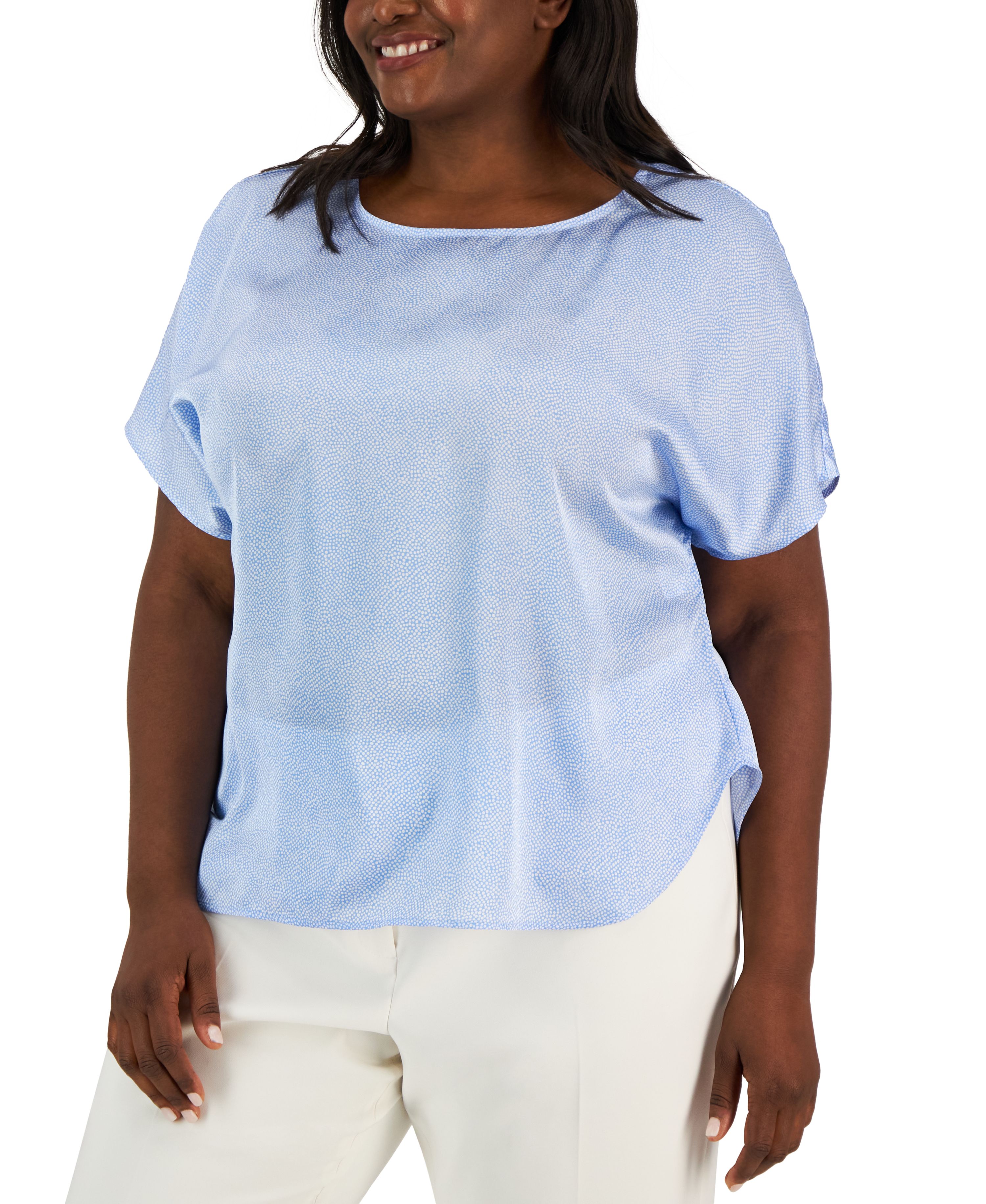 Plus Size Printed Satin Short Sleeve Blouse Shore Blue/Bright White 3X